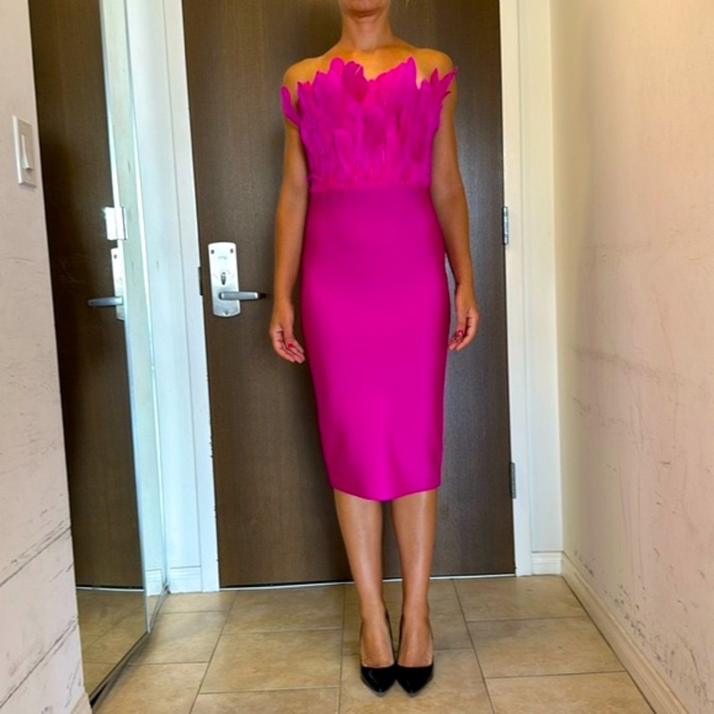 BRAND NEW BELLA BARNETT Parry Feather Strapless Midi Bandage Dress - Picture 5 of 15